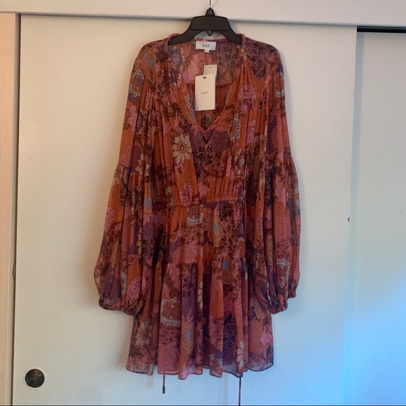 NWT A.L.C ALC pink purple printed tiered long sleeve v-neck mini dress - Picture 5 of 14